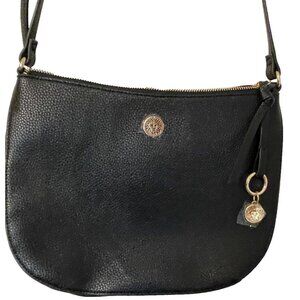 Anne Klein Pebbled Black Vinyl Cross Body Bag zipper logo hangtag gold hardware